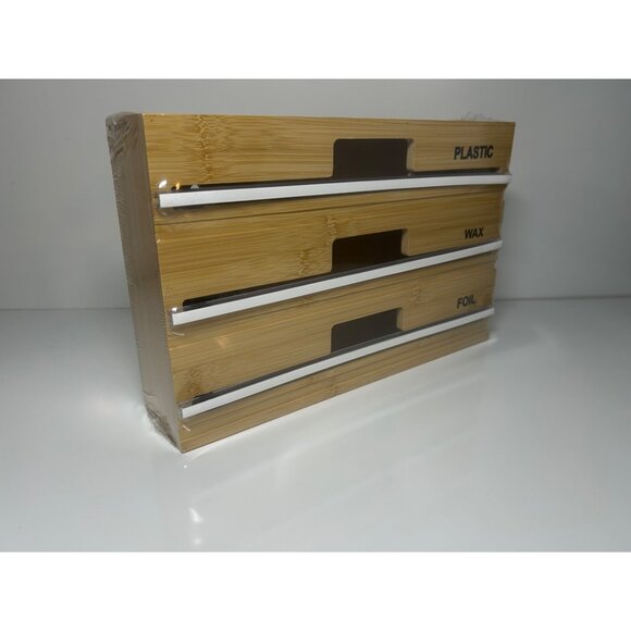 New Bamboo Plastic Wrap Wax Paper Foil Dispenser Organizer Cutter by Corvanta - Picture 3 of 7